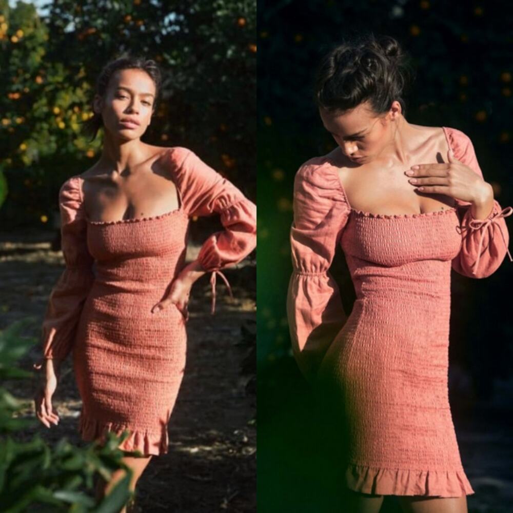 Reformation Hilary Linen Smocked Mini Dress Salmon Medium Spring Summer Resort